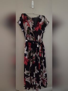 Navy Floral Maxi Wrap Dress with Red & Cream Blooms